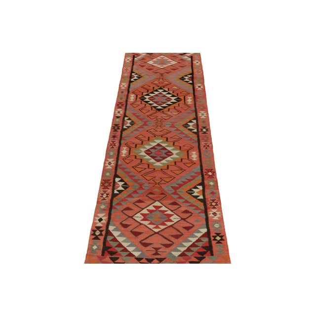 Tribal Vintage Kilim Tribal Runner in Coral Pink With Multicolor Geometric Patterns For Sale - Image 3 of 8