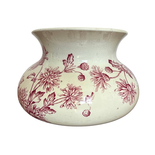 Antique French Longwy Pitcher Red Floral Transferware Faience Jug from Manufacture Des Emaux De Longwy, 1900s For Sale - Image 4 of 9