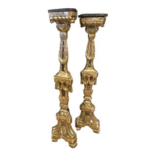 Antique Italian 18 Century Gilt Wood and Mirows Candlestick - A Pair For Sale
