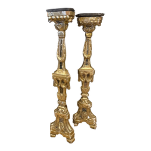 Antique Italian 18 Century Gilt Wood and Mirows Candlestick - A Pair