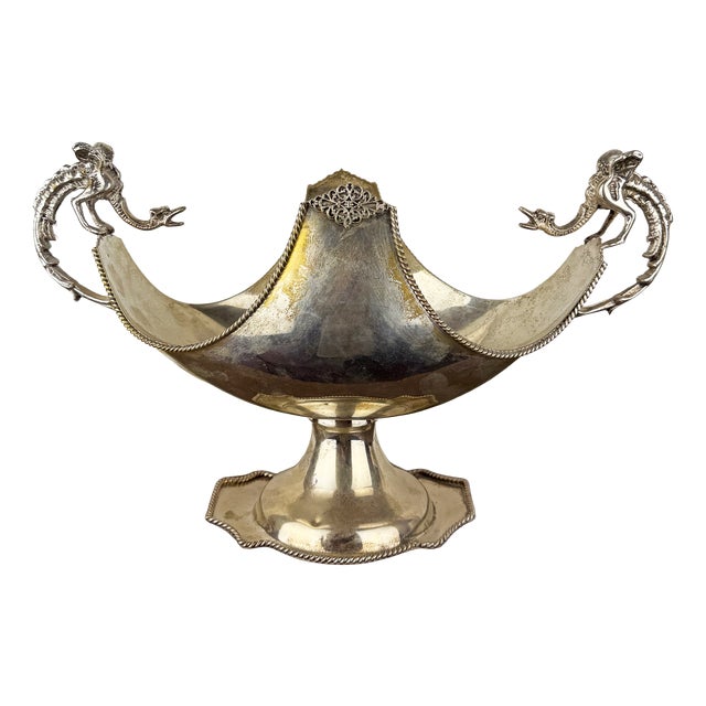 Antique Italian Silver-Plated Centerpiece Bowl with Dragon Handles, 1930s For Sale
