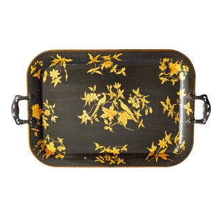 Antique English Chinoiserie Hand Painted Black & Gilt Birds Floral Tole Tray For Sale