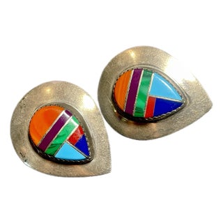 Mid 20th Century Pair of Native American Zuni Pueblo Artist Beon Wallace Multi-Stone Mosaic Inlay Earrings For Sale