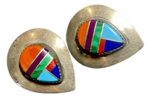 Mid 20th Century Pair of Native American Zuni Pueblo Artist Beon Wallace Multi-Stone Mosaic Inlay Earrings
