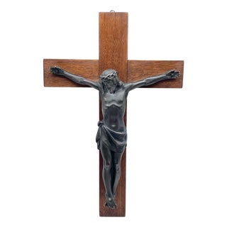Vintage Crucifix in Bronze on Oak, 1920s For Sale