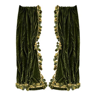 Set 2 VTG Olive Green Velvet Curtains Drapes Tassel Fringe Custom Made 32 X 100 For Sale