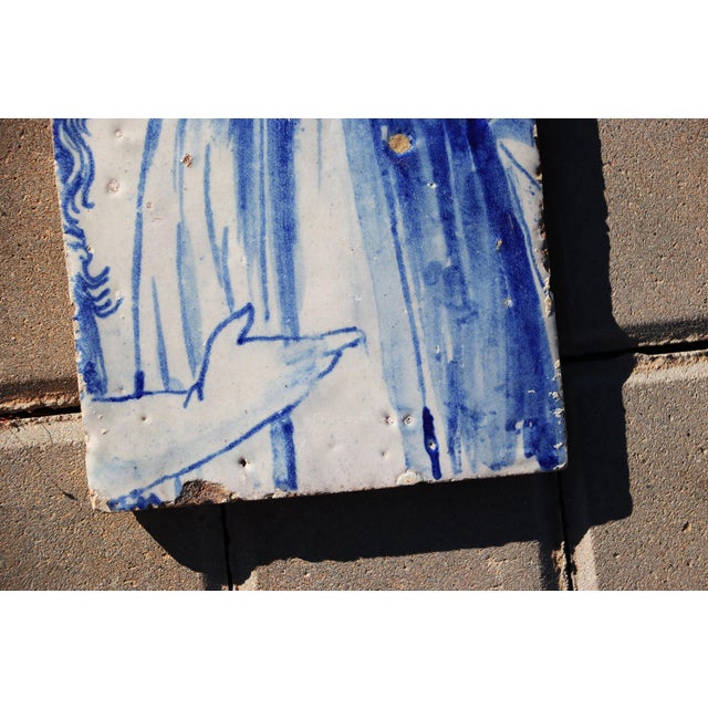 Baroque 18th Century Portuguese Tile Lady’s Hand & Dress Blue & White Antique Hand Painted For Sale - Image 3 of 6