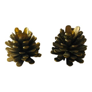 Pair Vintage Late 20th Century Brass Pine Cone Candle Holders For Sale