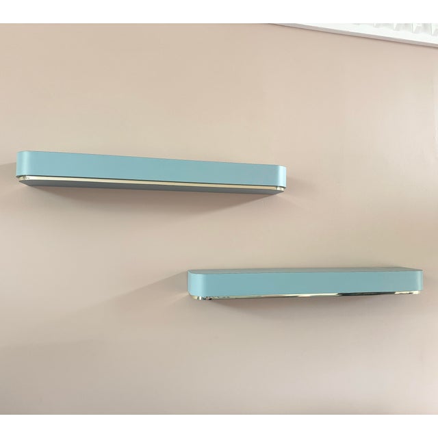 1980s Postmodern Baby Blue Laminate Floating Sconce Shelves With Gold Accents - A Pair For Sale - Image 5 of 9