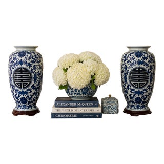 Pair of Blue & White Chinese Export Style Porcelain Floor Vases on Hardwood Stands, 18" Tall For Sale