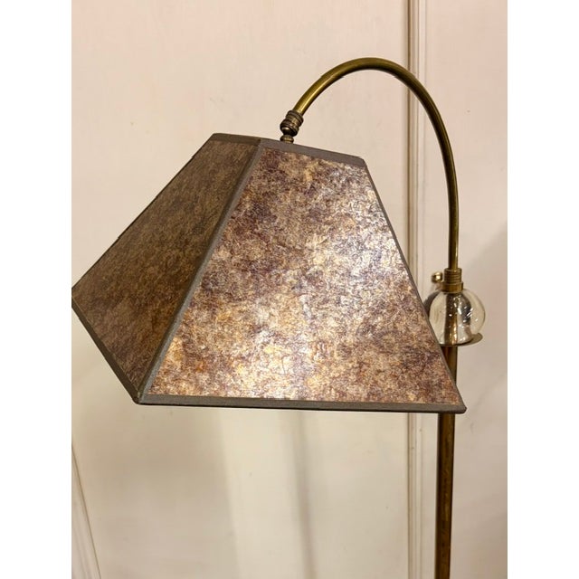Early 20th Century Antique Arts and Crafts Brass Bridge Floor Lamp With an Amber Tone Mica Shade For Sale - Image 5 of 9