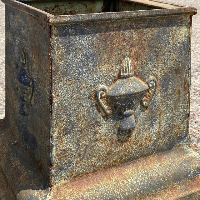Vintage Neoclassical Style Green Cast Iron Garden Planter Urn Pedestal Base Pair For Sale In Philadelphia - Image 6 of 13