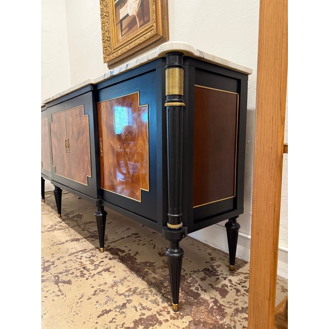 French Louis XVI Style Black Lacquered Sideboard Credenza With Marble Top and Burled Walnut For Sale - Image 10 of 17