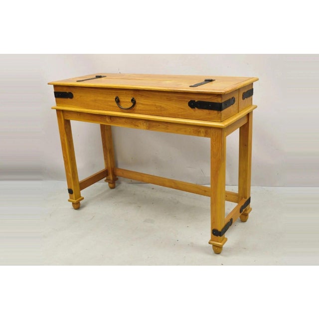 Vintage Colonial Campaign Style Teak Wood Flip Top Writing Desk With Side Chair For Sale - Image 10 of 12