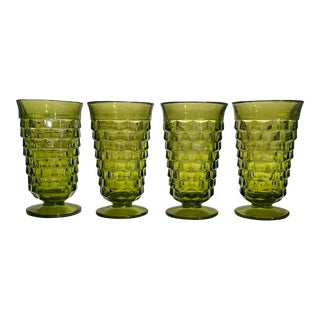 1960s Cubist Avocado Green Iced Tea Glasses by the Indiana Glass Company- Set of 4 For Sale