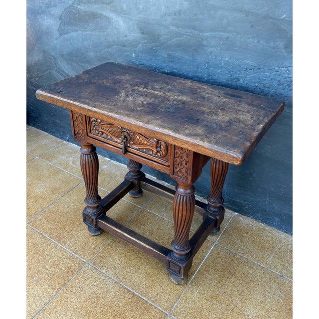 Brown Spanish Renaissance Revival Oak Side Table with Drawer, Early 20th Century For Sale - Image 8 of 8