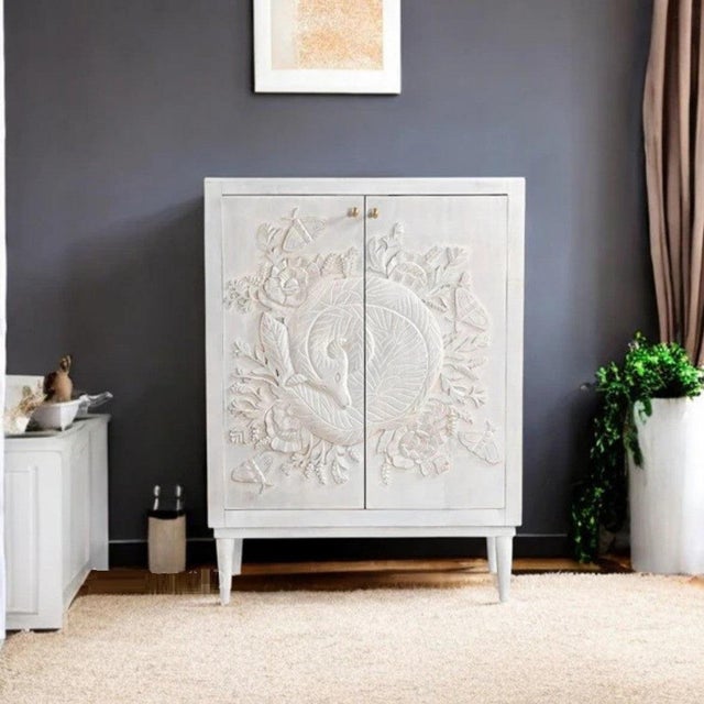 Transform your space with the natural artistry of the Nayven Sleeping Fox Design Tall Cabinet, a hand-carved solid wood...