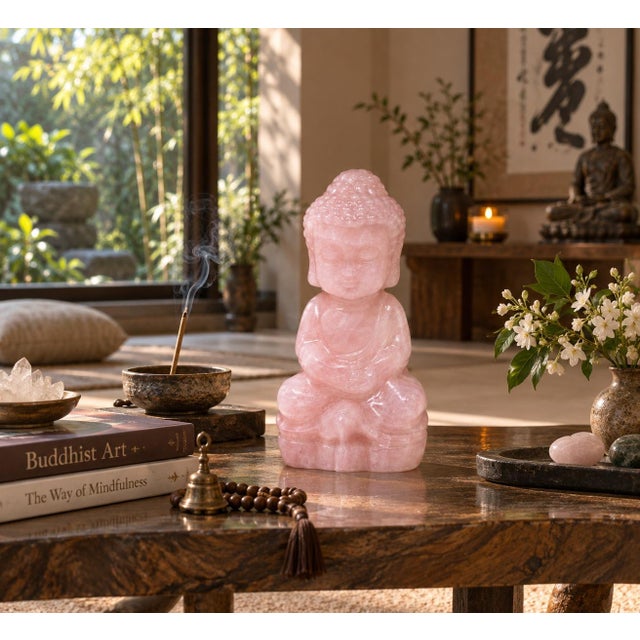 Natural Rose Quartz Baby Buddha Statue Hand Carved For Sale - Image 16 of 16