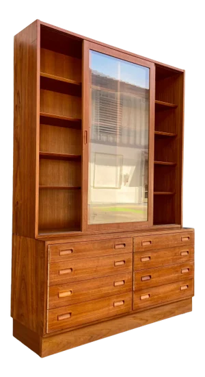 Mid-Century Danish Modern Highboy Hutch With Sideboard | With Sliding Glass Doors by Poul Hundevad