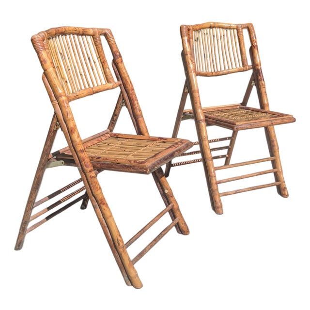 Vintage Coastal Burnt Bamboo Folding Chairs- A Pair For Sale