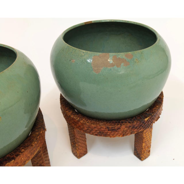 Pair of Vintage Mint Green Ceramic Planters on Wrapped Wood Stands For Sale - Image 12 of 17
