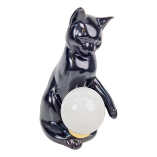 Mid-Century Cat Sphere Table Lamp in Ceramic and Opal Glass, 1970s For Sale