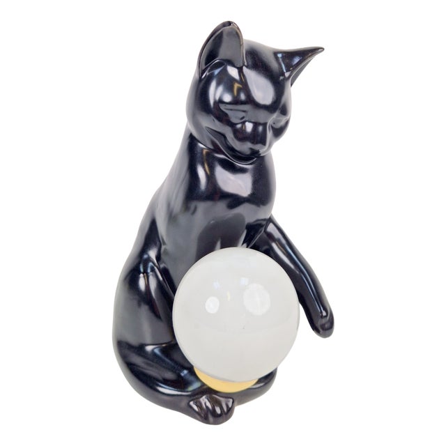 Mid-Century Cat Sphere Table Lamp in Ceramic and Opal Glass, 1970s For Sale