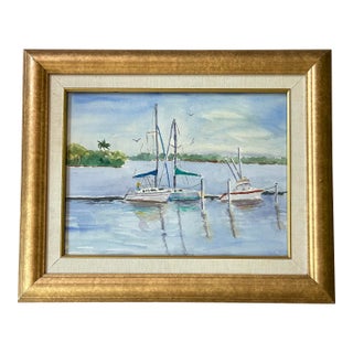 Original Framed Watercolor of Sailboats in Southern Coastal Harbor For Sale