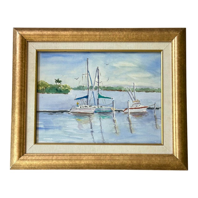 Original Framed Watercolor of Sailboats in Southern Coastal Harbor For Sale