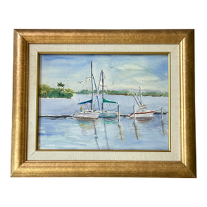 Original Framed Watercolor of Sailboats in Southern Coastal Harbor