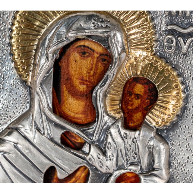 Metal Late 20th Century Italian .925 Silver Icon of Virgin Mary & Christ Child, Gold-Accented For Sale - Image 7 of 8
