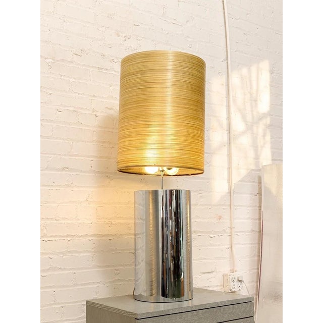 Mid 20th Century Chrome Cylinder Table Lamp With Tall Gold Grasscloth Shade For Sale - Image 4 of 4