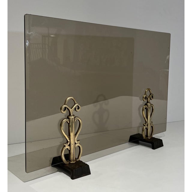 Raymond Subes Modernist Smoked Glass and Bronze Fire Screen in the Style of Raymond Subes For Sale - Image 4 of 12