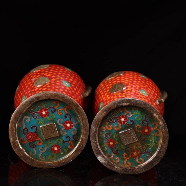 Pair of Gilt Bronze Cloisonné Enamel Fish-Form Vases For Sale - Image 4 of 9