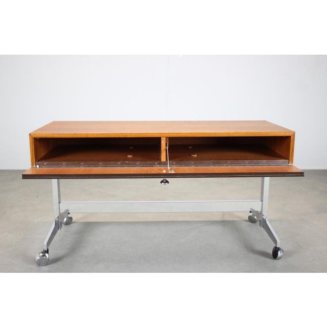 Danish Teak Rolling Media Cabinet Console Table, 1970s For Sale - Image 3 of 10