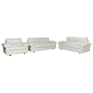 Poltrona Frau Petronio Leather Sofa Set White Sofa Couch Two-Seater Armchair by Tito Agnoli for Poltrona Frau, Set of 3 For Sale