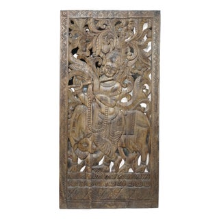 Antique Indian Hand-Carved Krishna Solid Wood Barn Door | Architectural Wall Panel 72x36 For Sale