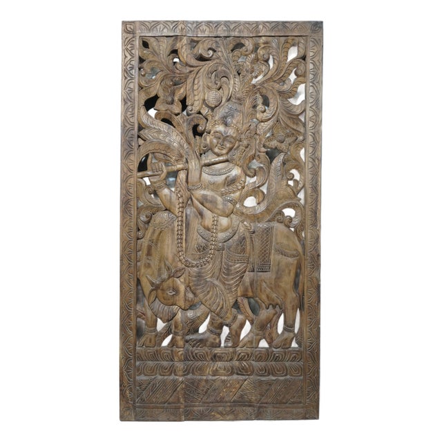 Antique Indian Hand-Carved Krishna Solid Wood Barn Door | Architectural Wall Panel 72x36 For Sale