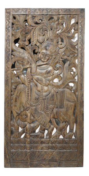 Antique Indian Hand-Carved Krishna Solid Wood Barn Door | Architectural Wall Panel 72x36