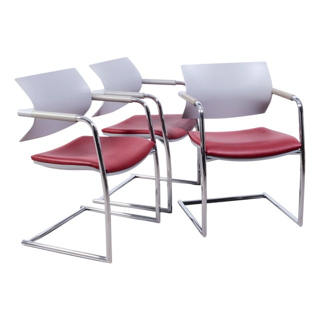 Air Jr Luxy Waiting Chairs in Gray and Burgundy Chrome Legs, Italy, Set of 3 For Sale