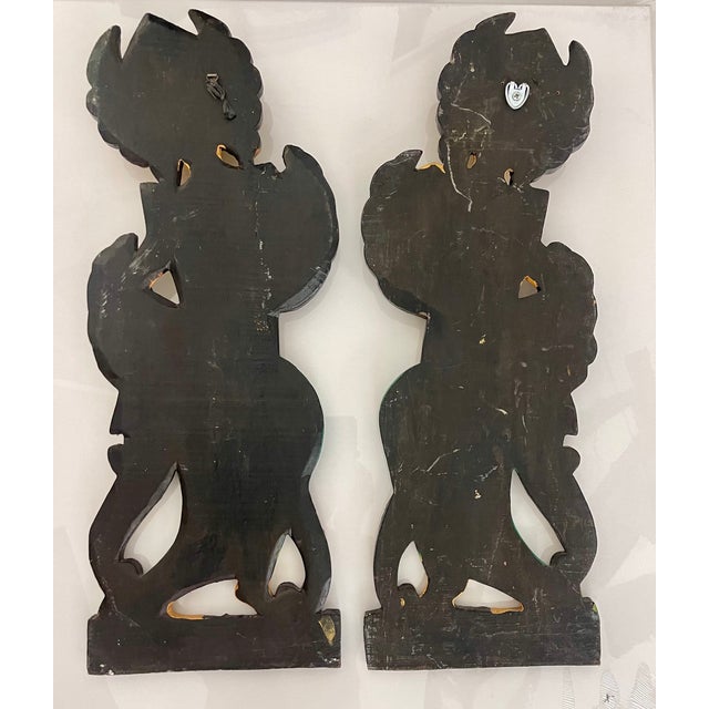 Gold Pair of 26-Inch Balinese Wood Statues, Hand-Carved and Painted Folk Art Figures For Sale - Image 8 of 8