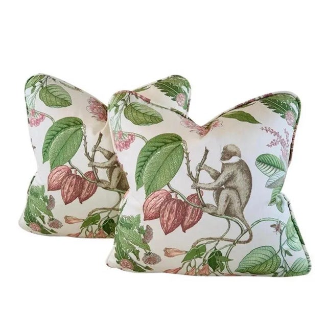Textile Contemporary Designer P Kaufmann Lydia Irwin Ivory, Pink, Green & Tan Botanical Floral Jungle Leaves Monkey Tropical Pillow Covers- a Pair For Sale - Image 7 of 7