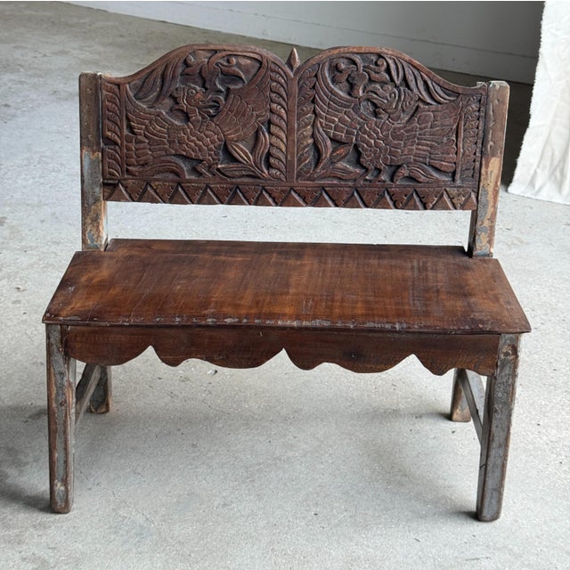 Brown Mini Bench with Carved Backrest, 1980s For Sale - Image 8 of 18