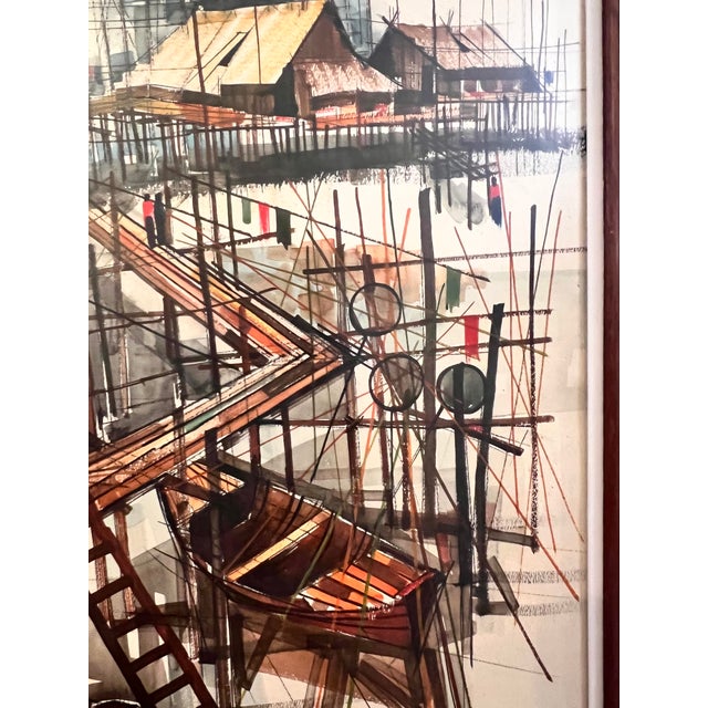 1960s 1960s Mid-Century Modern Thai Fishing Village Original Watercolor Painting by Sanga Mukmanee - Framed For Sale - Image 5 of 15