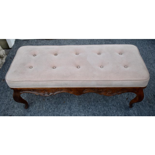 French Country French Country Window Bench Vintage Tufted Upholstered Carved End Stool For Sale - Image 3 of 15