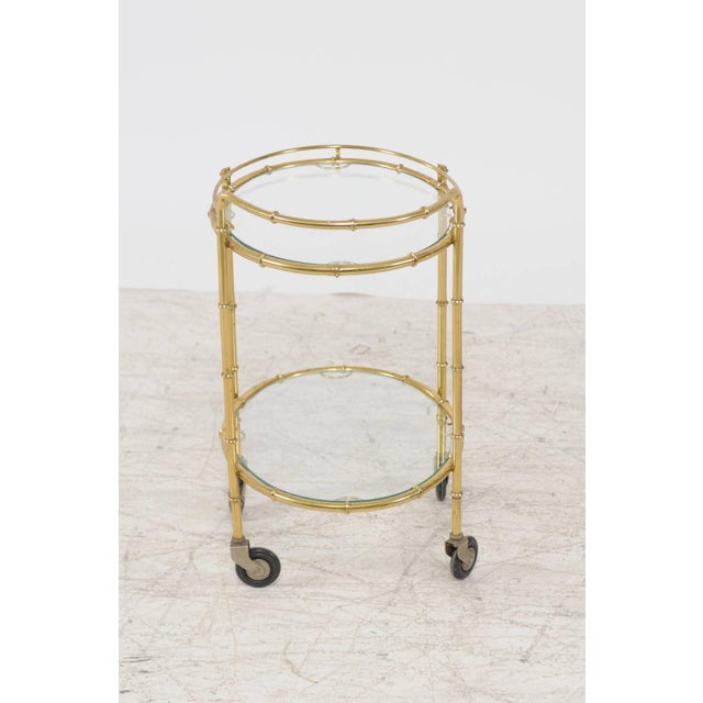 Brass French Midcentury Brass Two-Tiered Oval Cart with Glass Shelves and Casters For Sale - Image 8 of 8