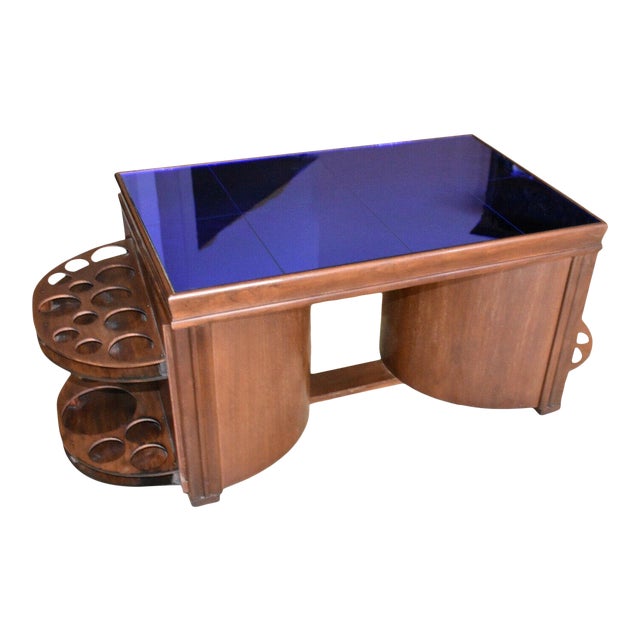 Vintage Art Deco Blue Glass Coffee Table With Swing Out Bar Chairish