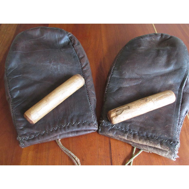 American Antique 1930s Custom Made Leather Thumbless Boxing Gloves With Wooden Inserts For Sale - Image 3 of 13