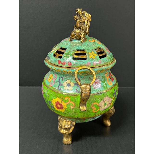 Late 20th Century Chinese Art Bronze and Cloisonne Enamel Incense Burner For Sale - Image 4 of 10