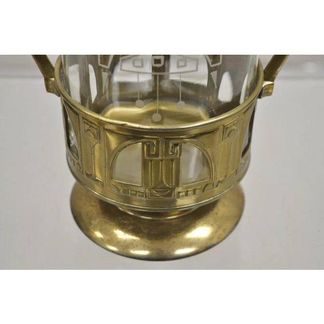 Metal Antique German Art Nouveau Brass Metal Pickle Castor With Etched Glass Insert For Sale - Image 7 of 11